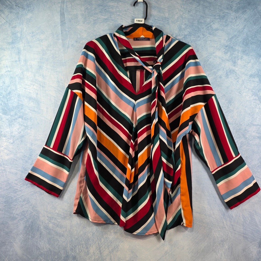 Violeta by Mango Striped Tie Neck Blouse Multi Color Long Sleeve V-Neck Top M